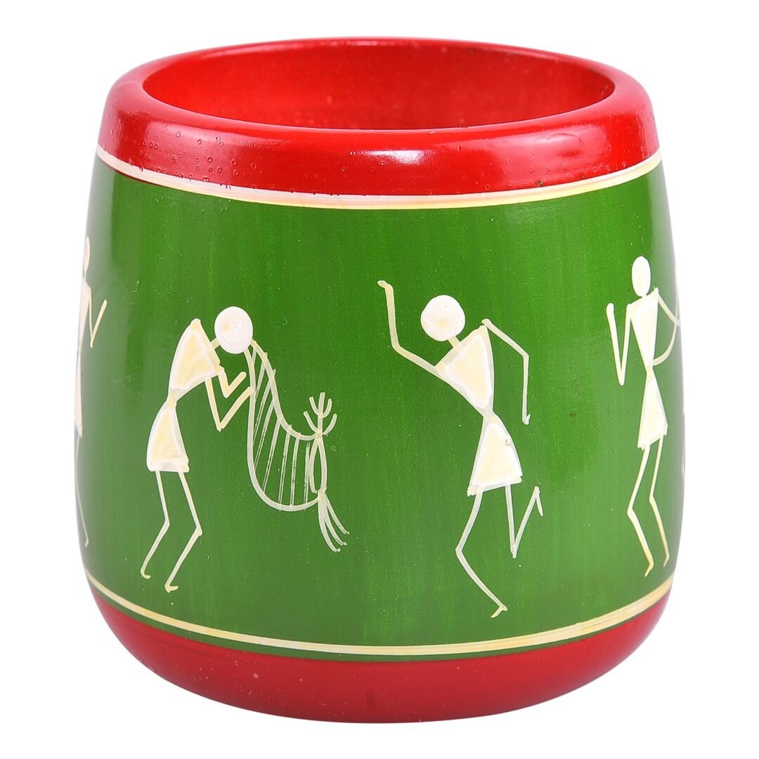 Channapatna Wooden Handpainted Oval Warli Art Pen Stand
