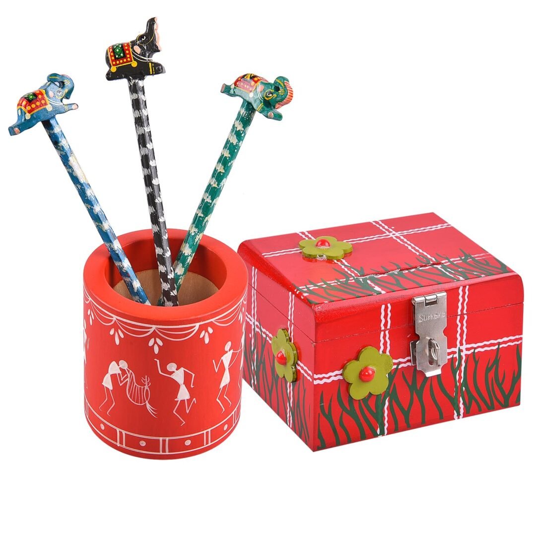 Wooden Handpainted Piggy Bank (Hundi) with Warli Art Pen Stand  Red, Set of 2