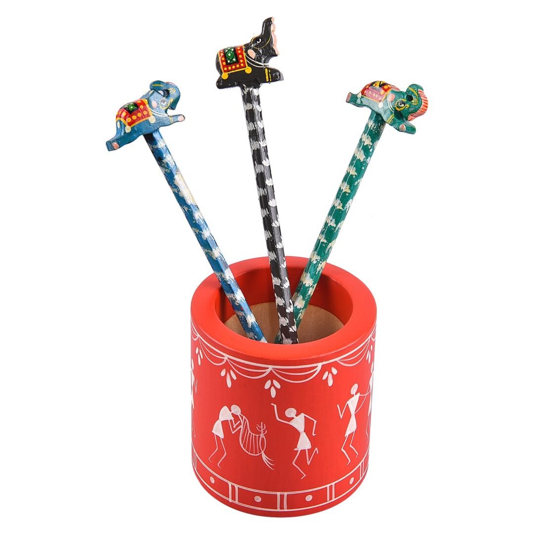 Channapatna Wooden Handpainted Warli Art Pen Stand