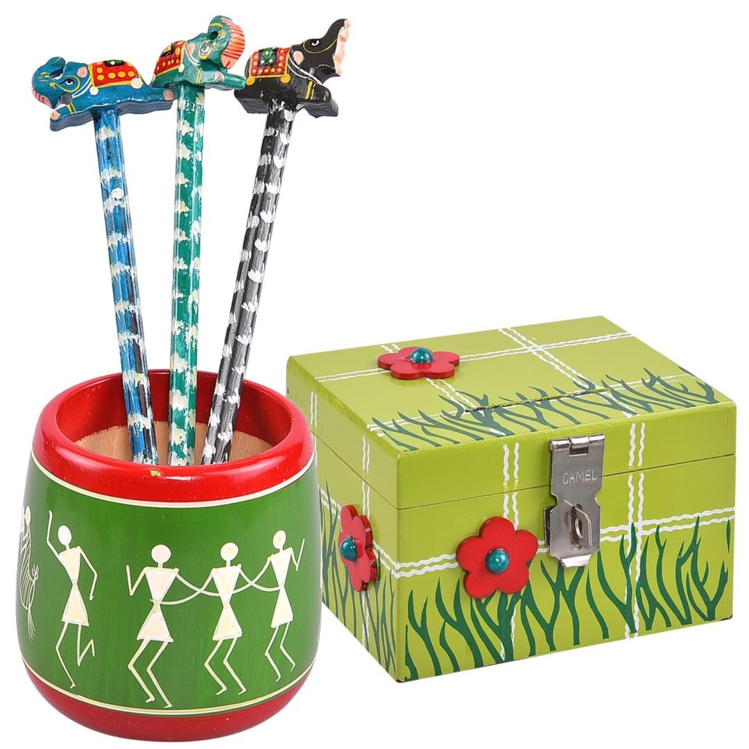 Wooden Handpainted Piggy Bank (Hundi) with Warli Art Pen Stand  Green