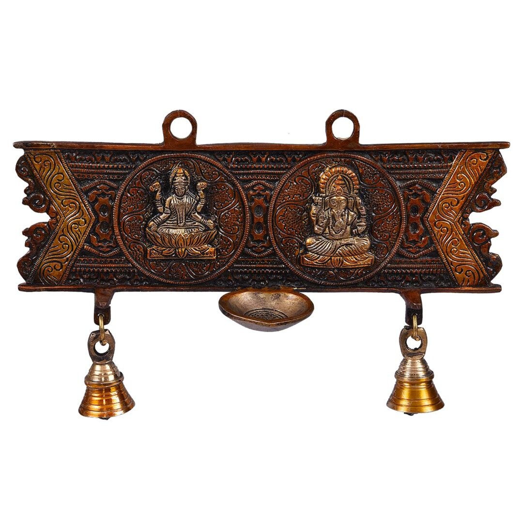 Brass Wall Decor Ganesha & Lakshmi with Lamp & Bell