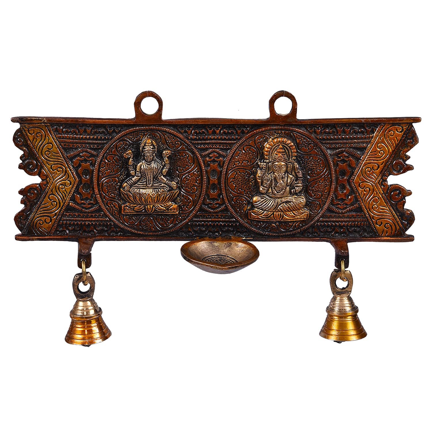 Brass Wall Decor Ganesha & Lakshmi with Lamp & Bell